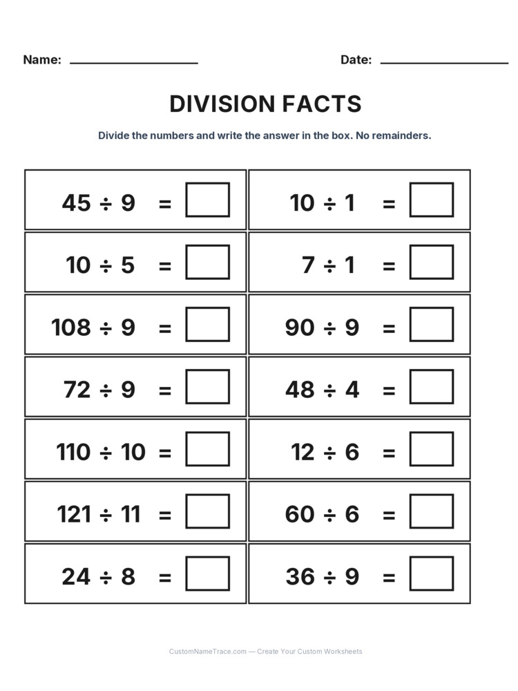Grade 3 Division Basic Facts worksheet 27 for kids