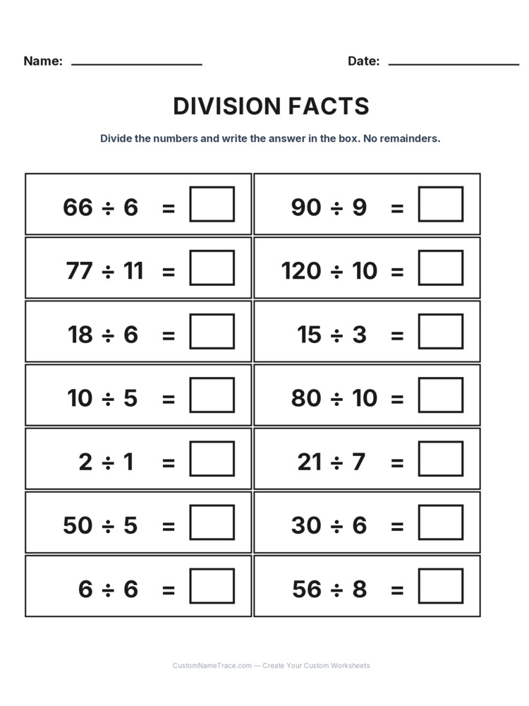 Grade 3 Division Basic Facts worksheet 29 for kids