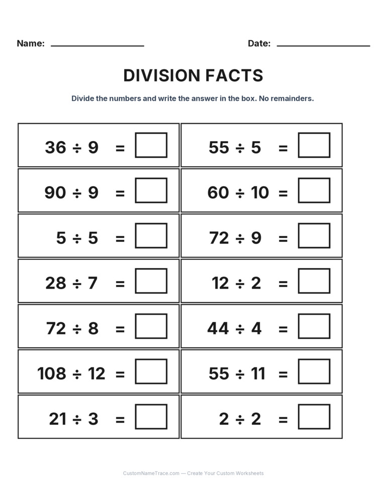 Grade 3 Division Basic Facts worksheet 3 for kids