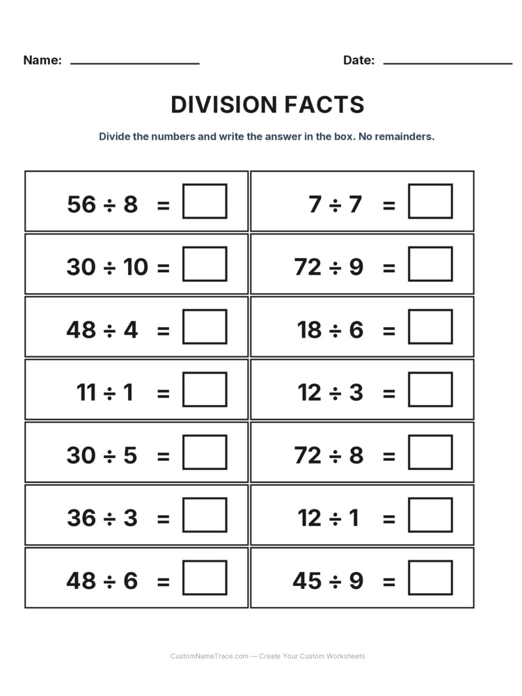 Grade 3 Division Basic Facts worksheet 30 for kids