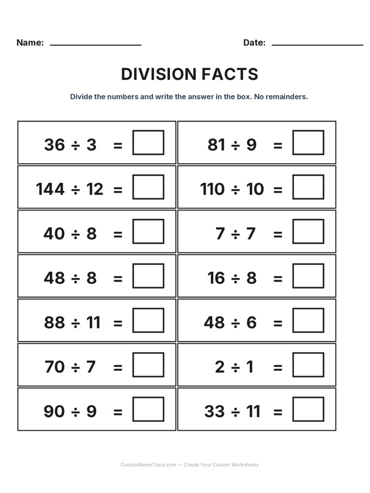 Grade 3 Division Basic Facts worksheet 4 for kids