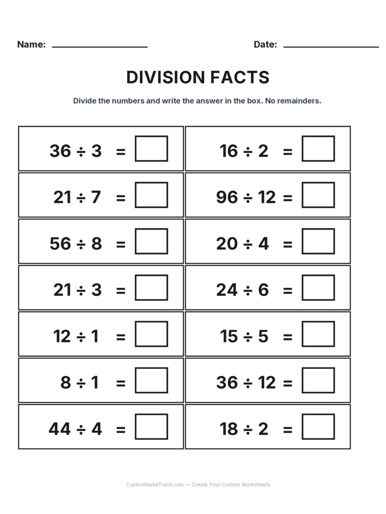 Grade 3 Division Basic Facts worksheet 5 for kids