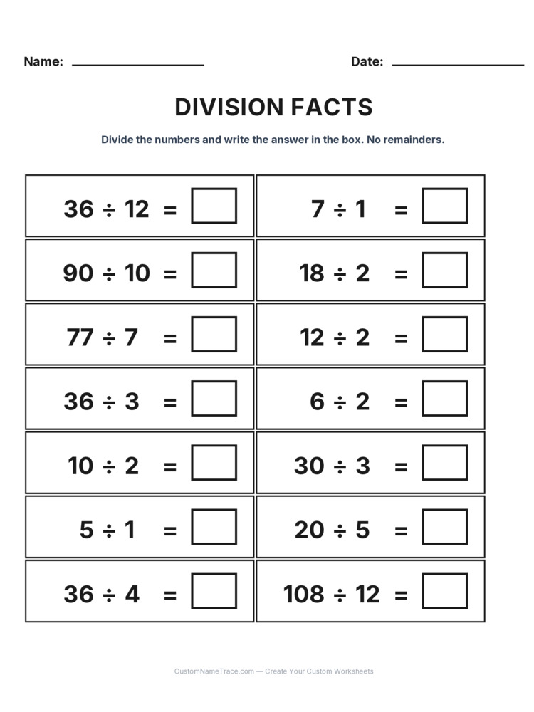Grade 3 Division Basic Facts worksheet 6 for kids