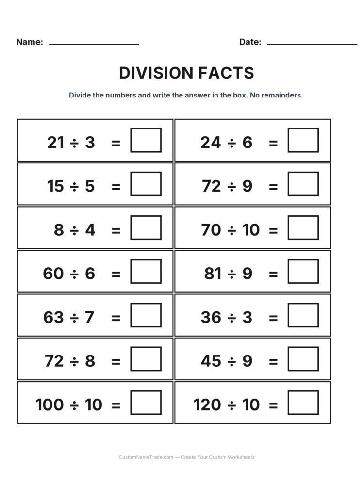 Grade 3 Division Basic Facts worksheet 7 for kids