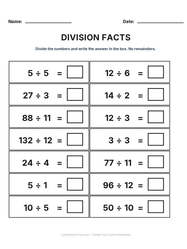 Grade 3 Division Basic Facts worksheet 8 for kids