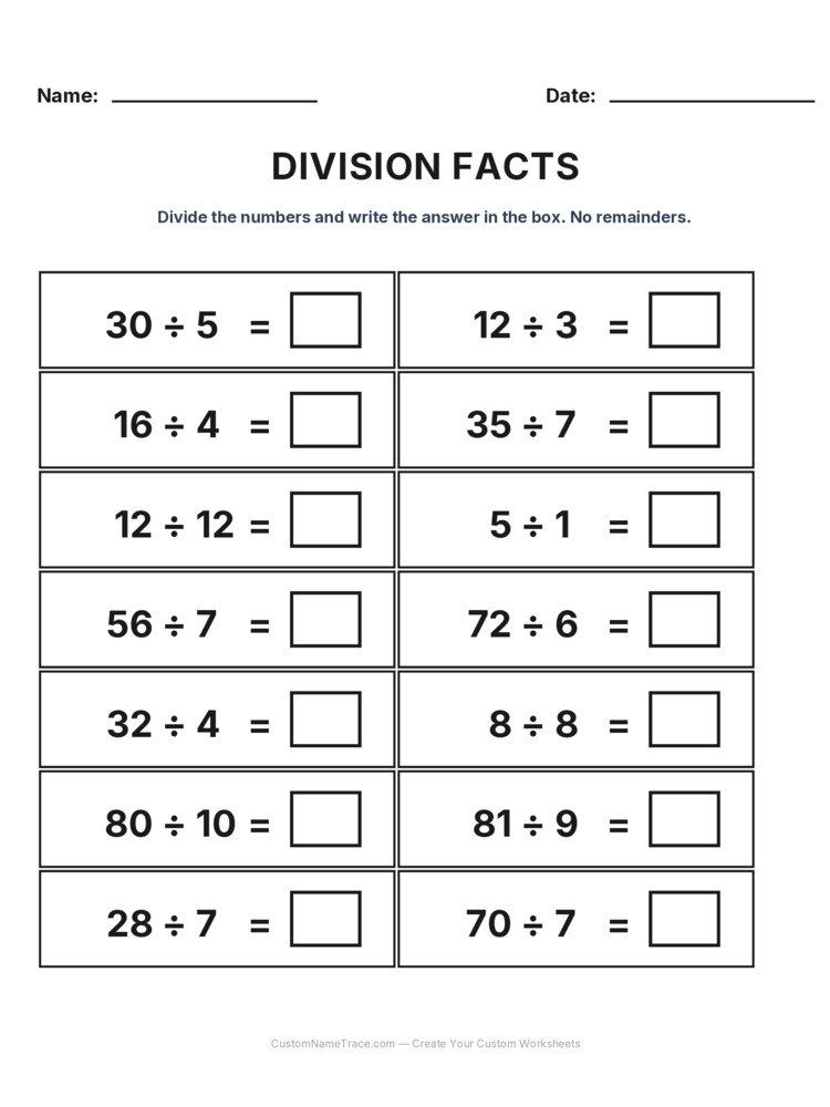Grade 3 Division Basic Facts worksheet 9 for kids