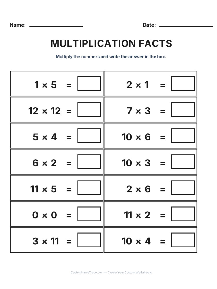 Grade 3 Multiplication Facts 0-12 worksheet 10 for kids