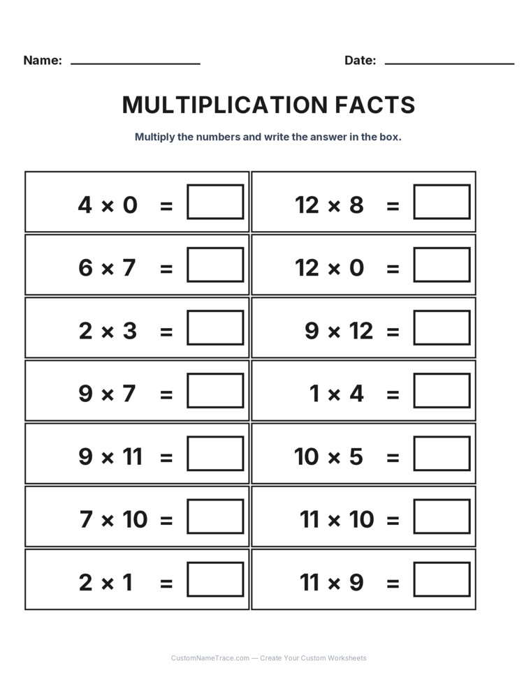 Grade 3 Multiplication Facts 0-12 worksheet 11 for kids
