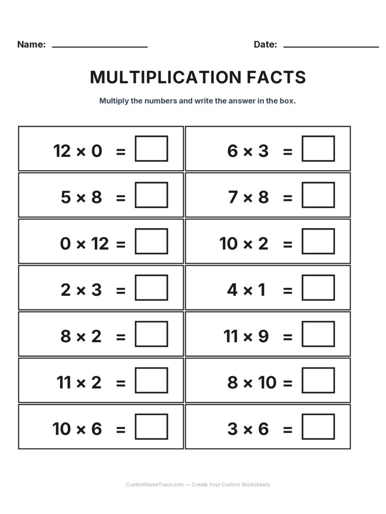 Grade 3 Multiplication Facts 0-12 worksheet 12 for kids