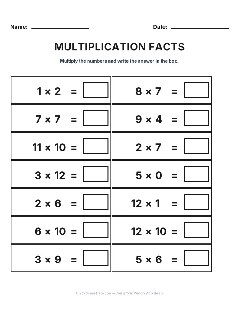 Grade 3 Multiplication Facts 0-12 worksheet 13 for kids