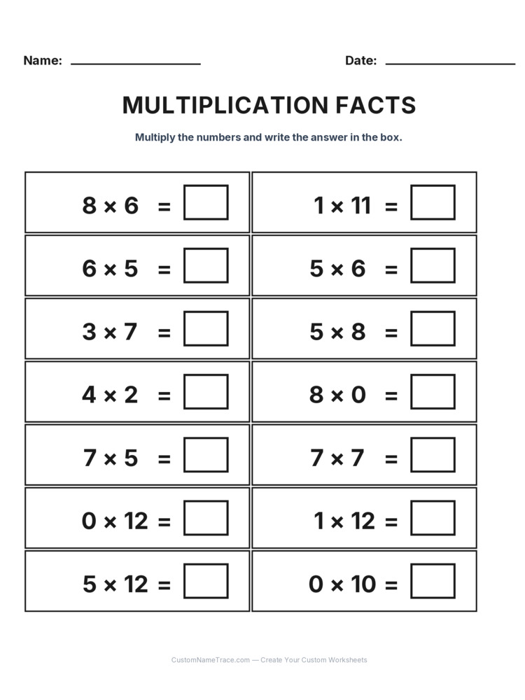 Grade 3 Multiplication Facts 0-12 worksheet 14 for kids