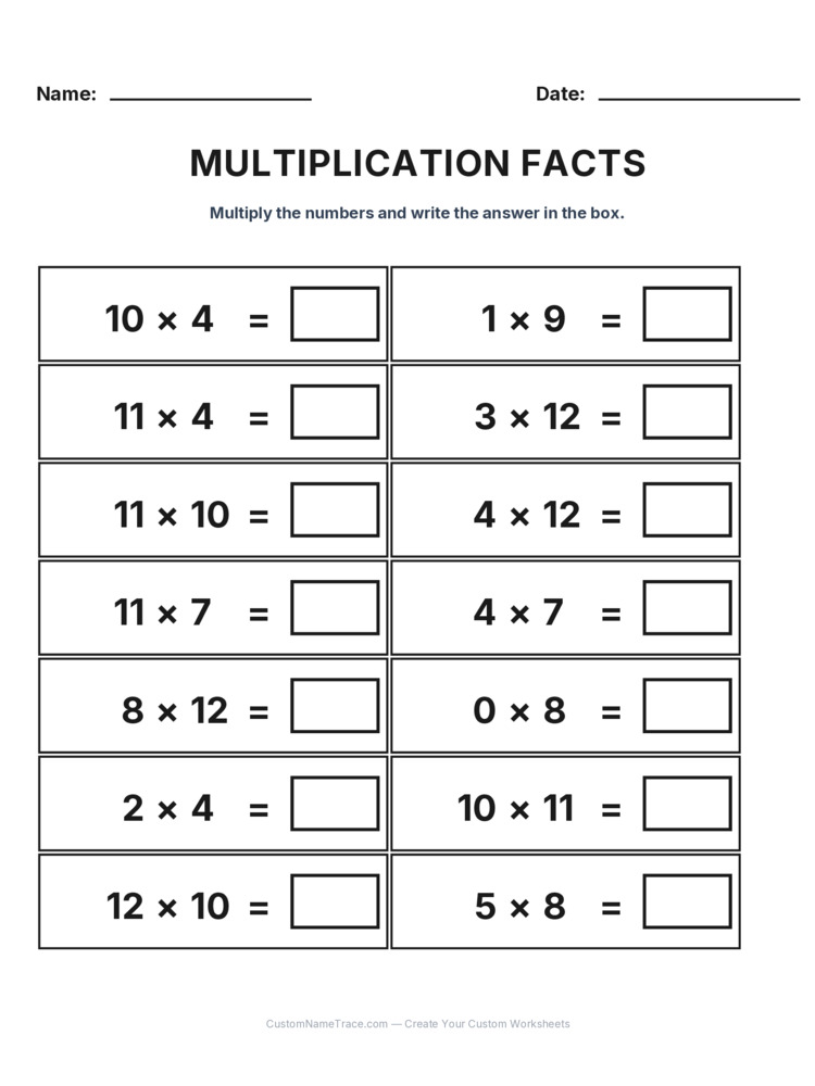 Grade 3 Multiplication Facts 0-12 worksheet 15 for kids