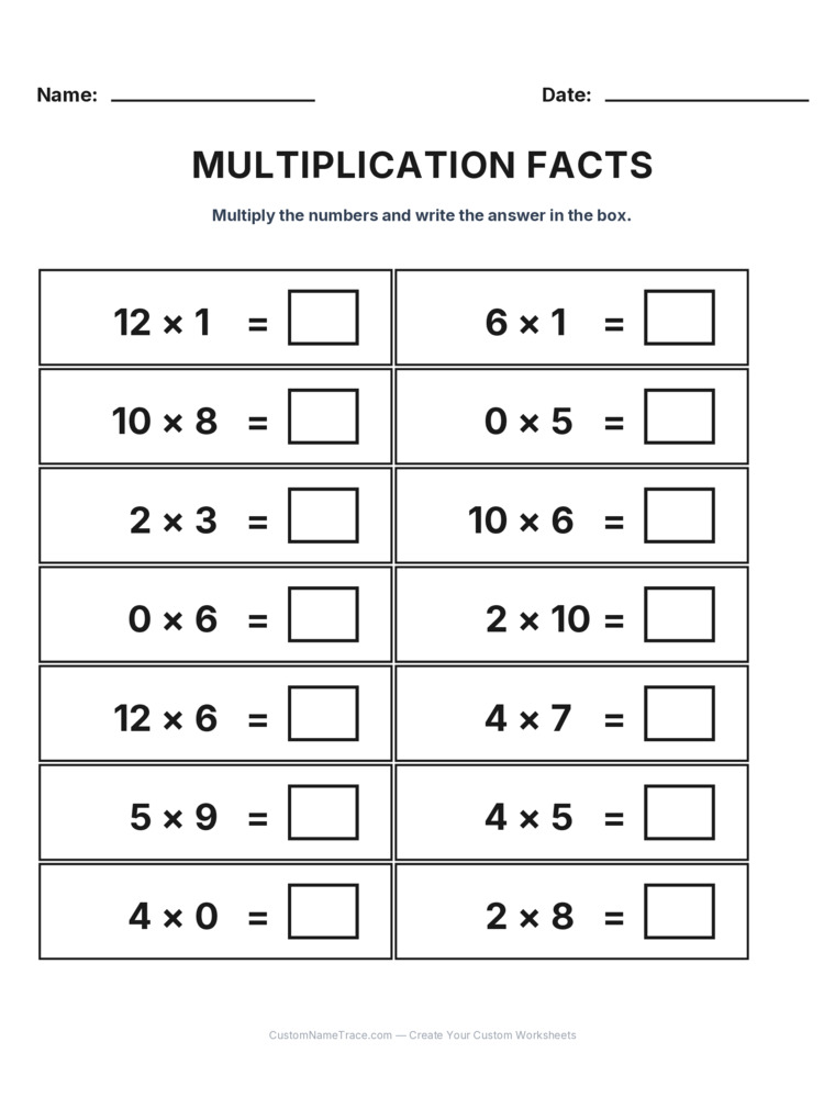 Grade 3 Multiplication Facts 0-12 worksheet 16 for kids