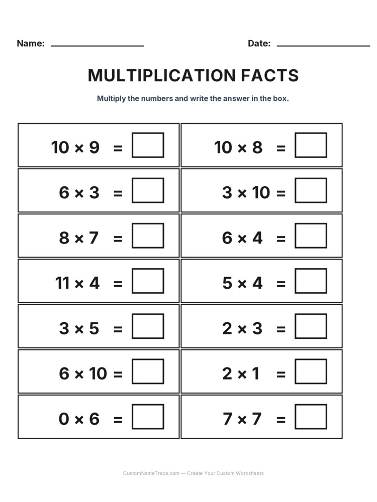 Grade 3 Multiplication Facts 0-12 worksheet 17 for kids