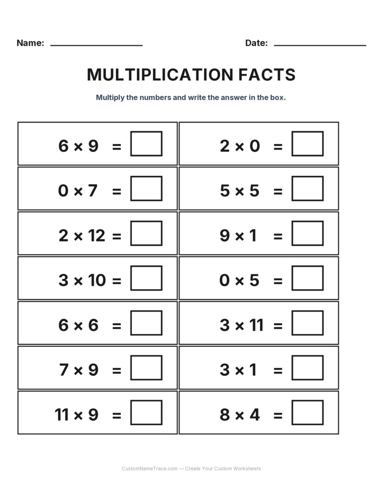 Grade 3 Multiplication Facts 0-12 worksheet 18 for kids