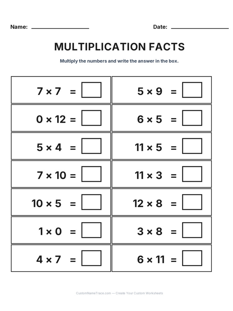 Grade 3 Multiplication Facts 0-12 worksheet 2 for kids