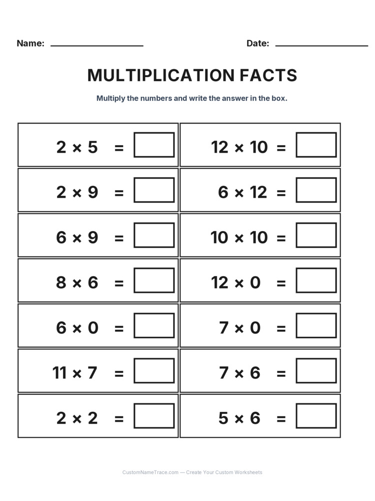Grade 3 Multiplication Facts 0-12 worksheet 20 for kids