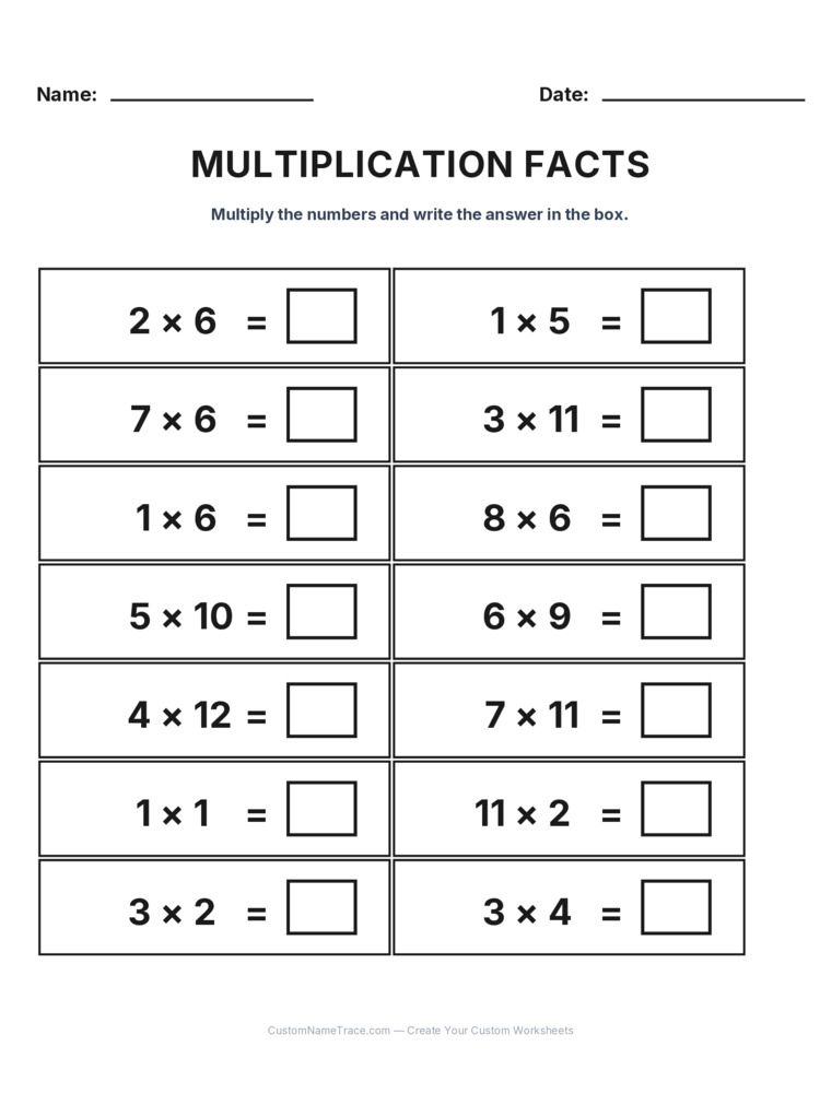 Grade 3 Multiplication Facts 0-12 worksheet 22 for kids