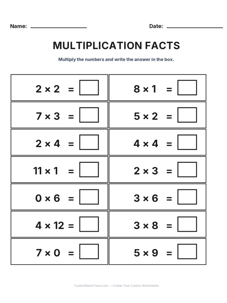 Grade 3 Multiplication Facts 0-12 worksheet 23 for kids