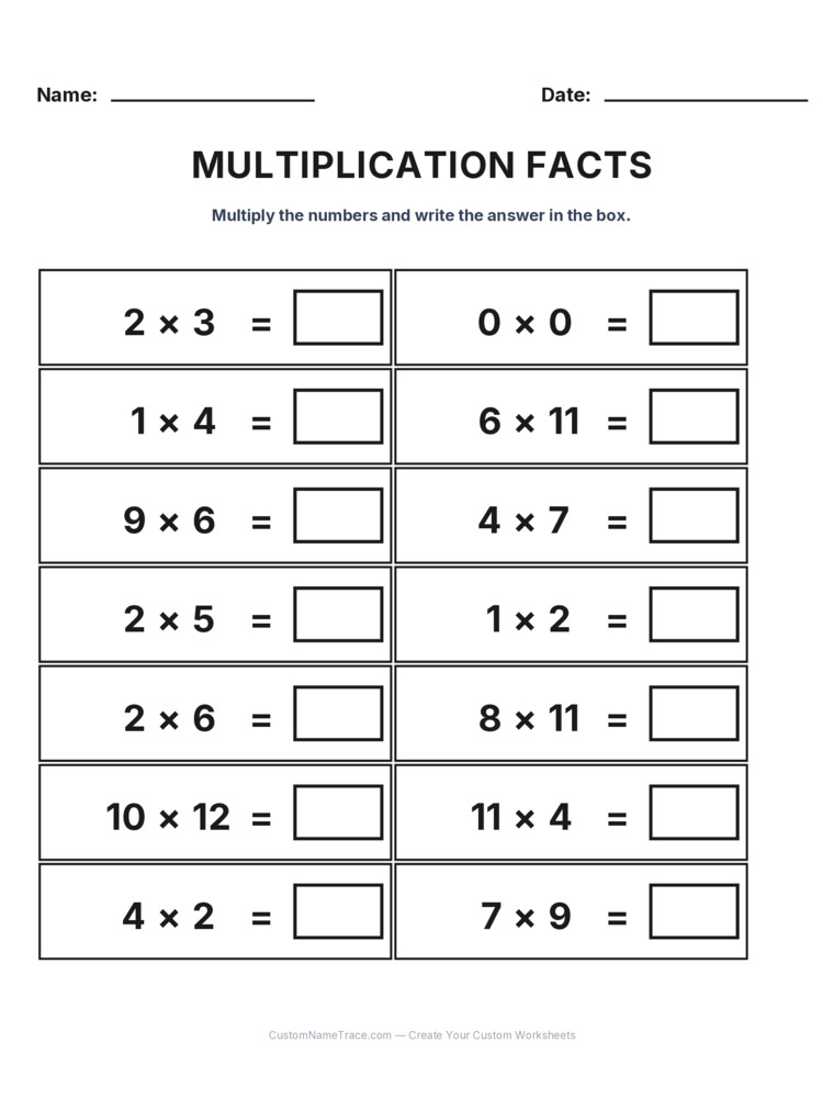 Grade 3 Multiplication Facts 0-12 worksheet 24 for kids