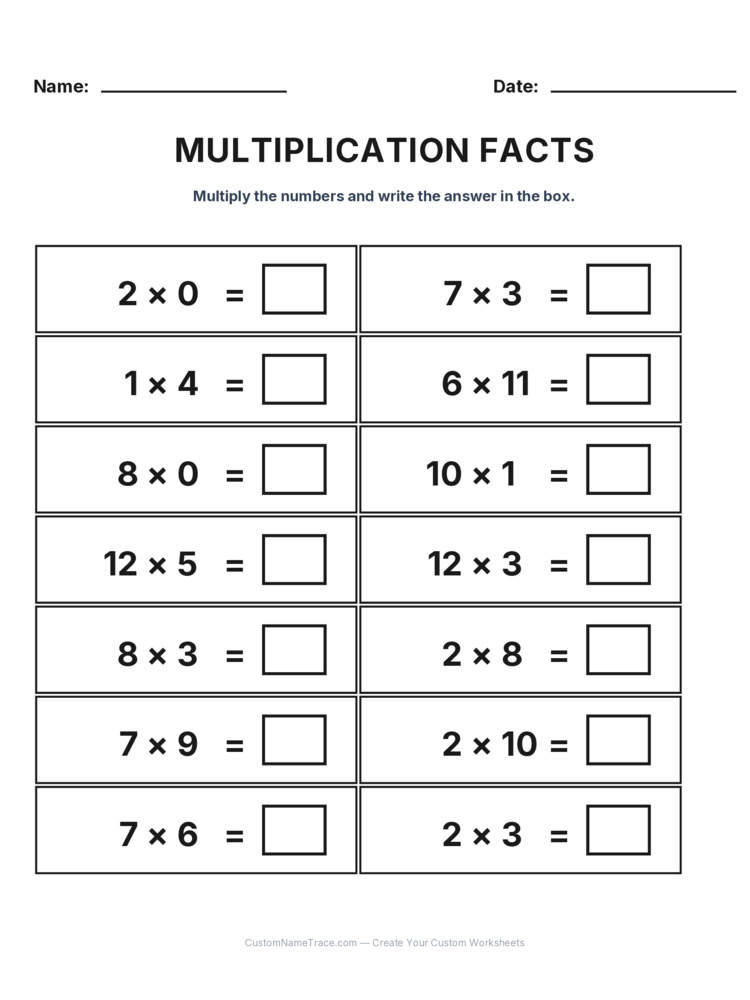 Grade 3 Multiplication Facts 0-12 worksheet 25 for kids