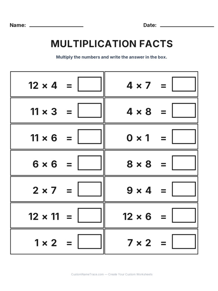 Grade 3 Multiplication Facts 0-12 worksheet 26 for kids