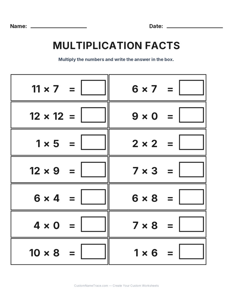 Grade 3 Multiplication Facts 0-12 worksheet 27 for kids