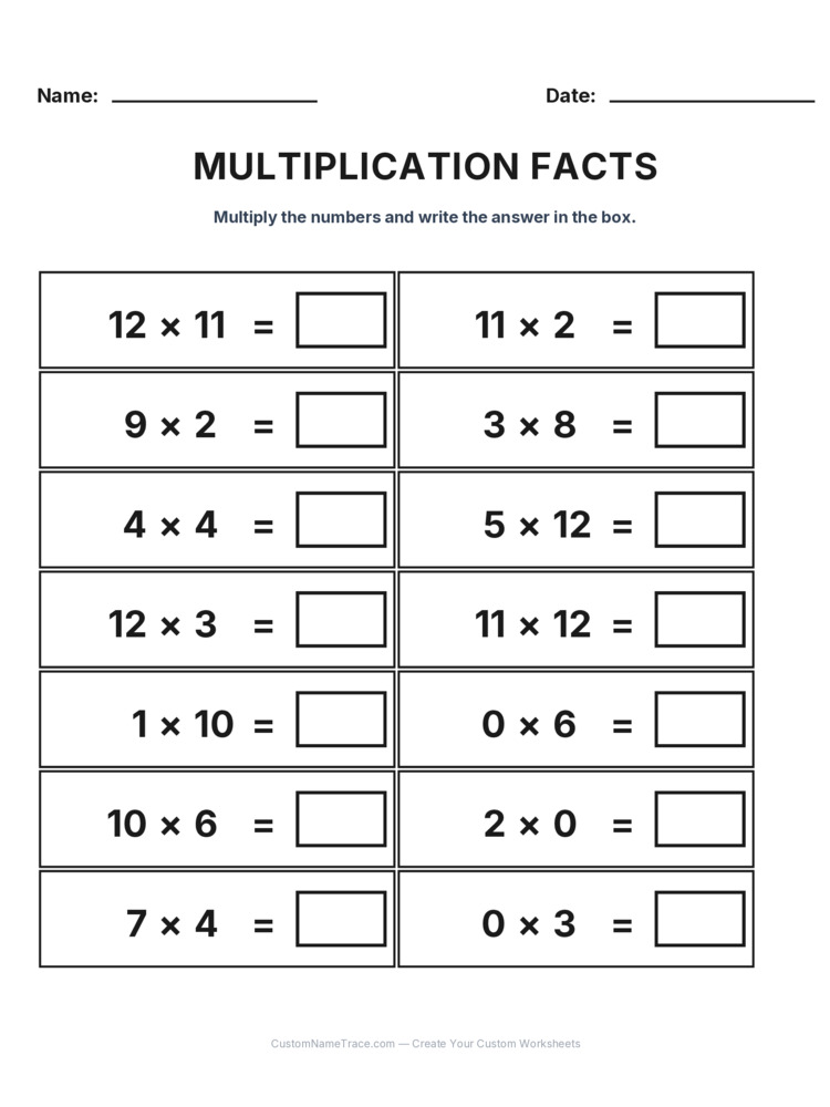 Grade 3 Multiplication Facts 0-12 worksheet 29 for kids