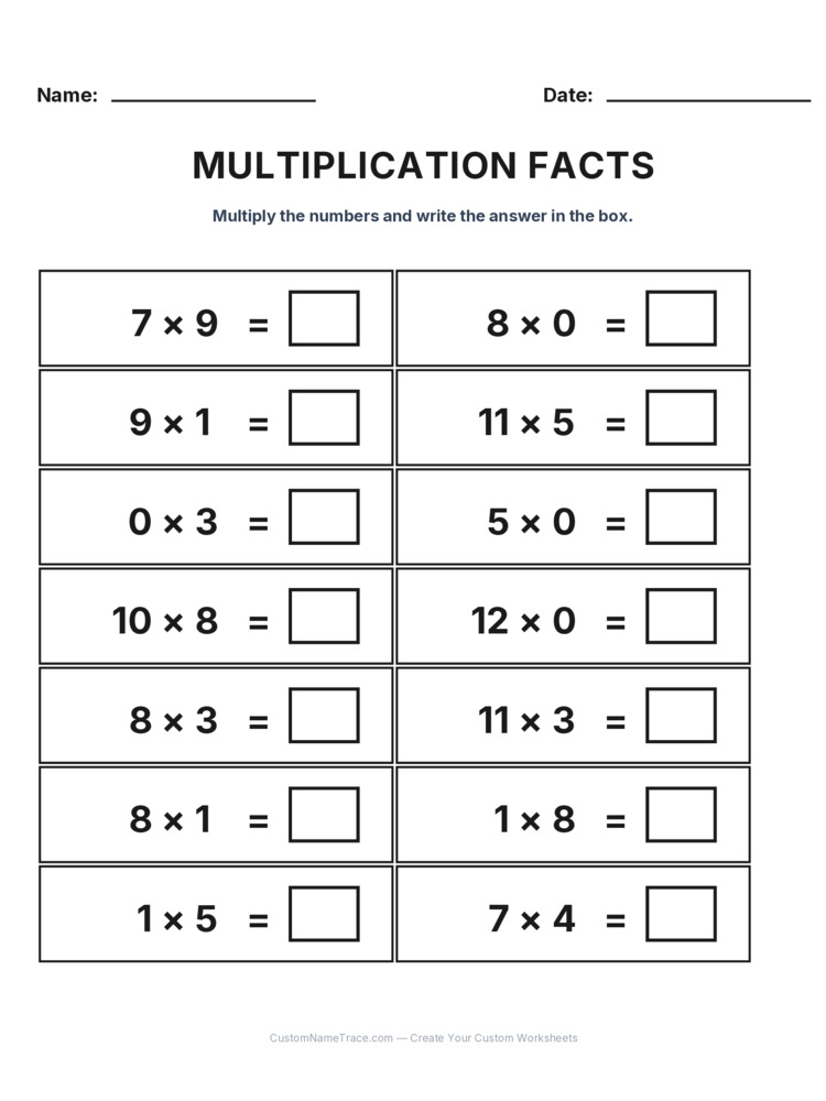 Grade 3 Multiplication Facts 0-12 worksheet 3 for kids