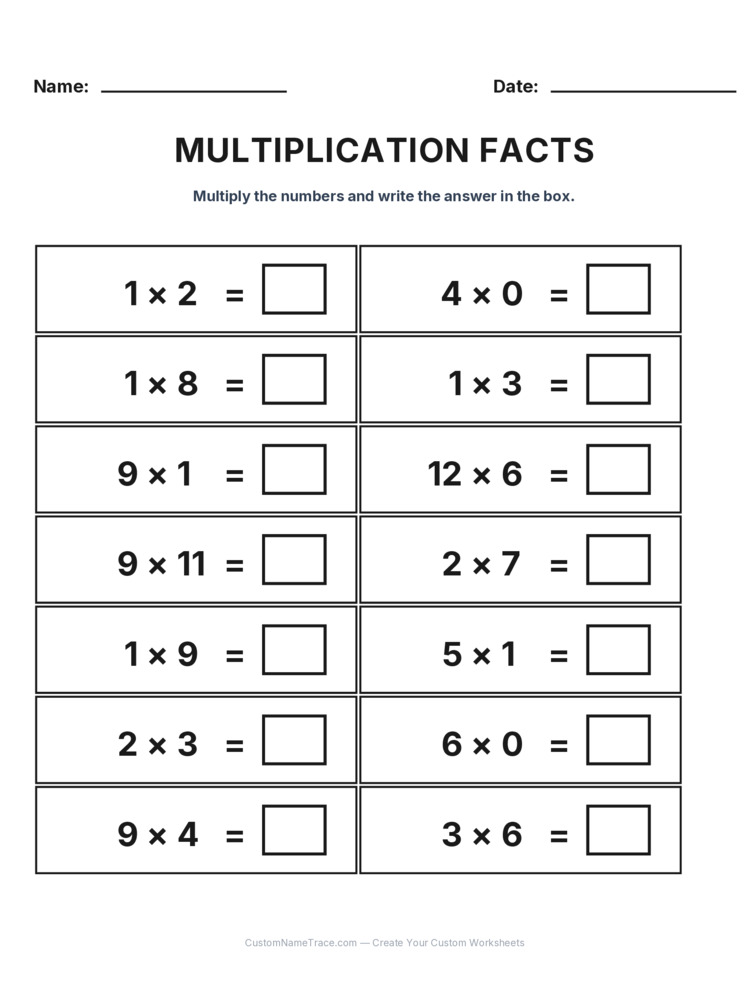 Grade 3 Multiplication Facts 0-12 worksheet 30 for kids