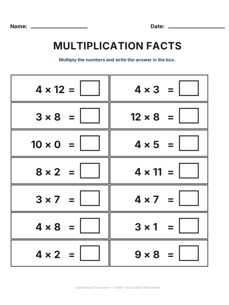 Grade 3 Multiplication Facts 0-12 worksheet 4 for kids
