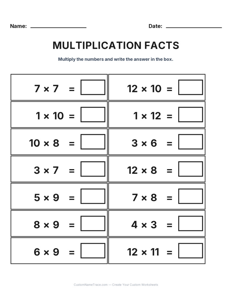 Grade 3 Multiplication Facts 0-12 worksheet 5 for kids