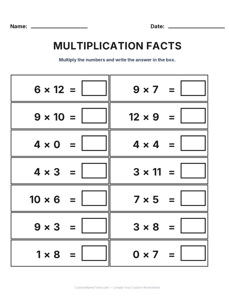 Grade 3 Multiplication Facts 0-12 worksheet 6 for kids