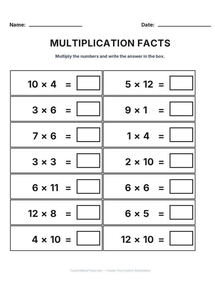 Grade 3 Multiplication Facts 0-12 worksheet 7 for kids