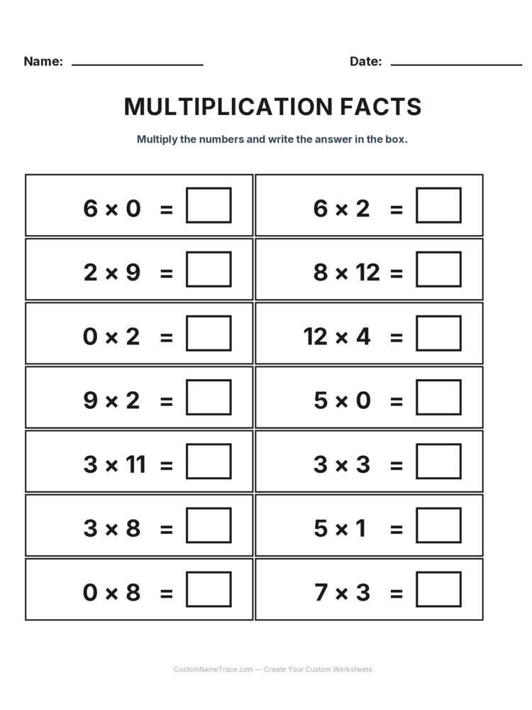 Grade 3 Multiplication Facts 0-12 worksheet 8 for kids