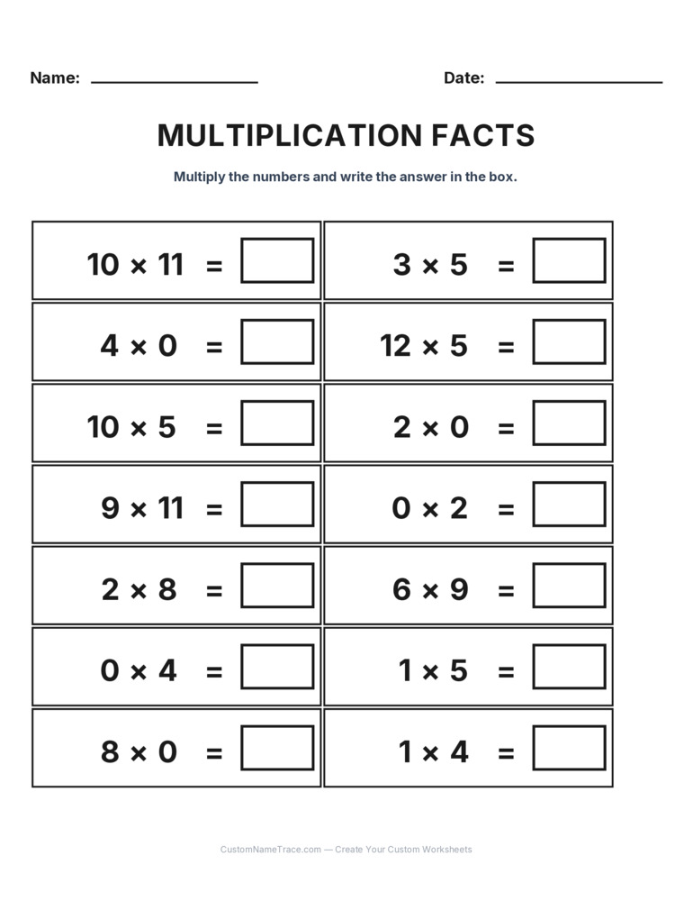 Grade 3 Multiplication Facts 0-12 worksheet 9 for kids