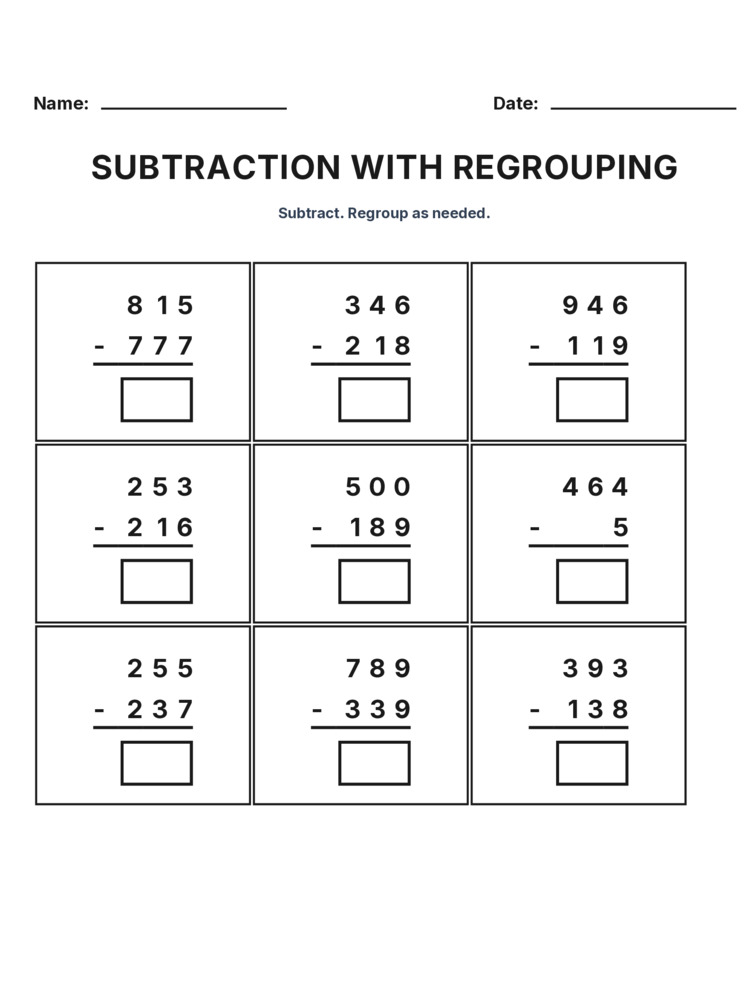 Grade 3 Subtraction Regrouping worksheet 1 for kids