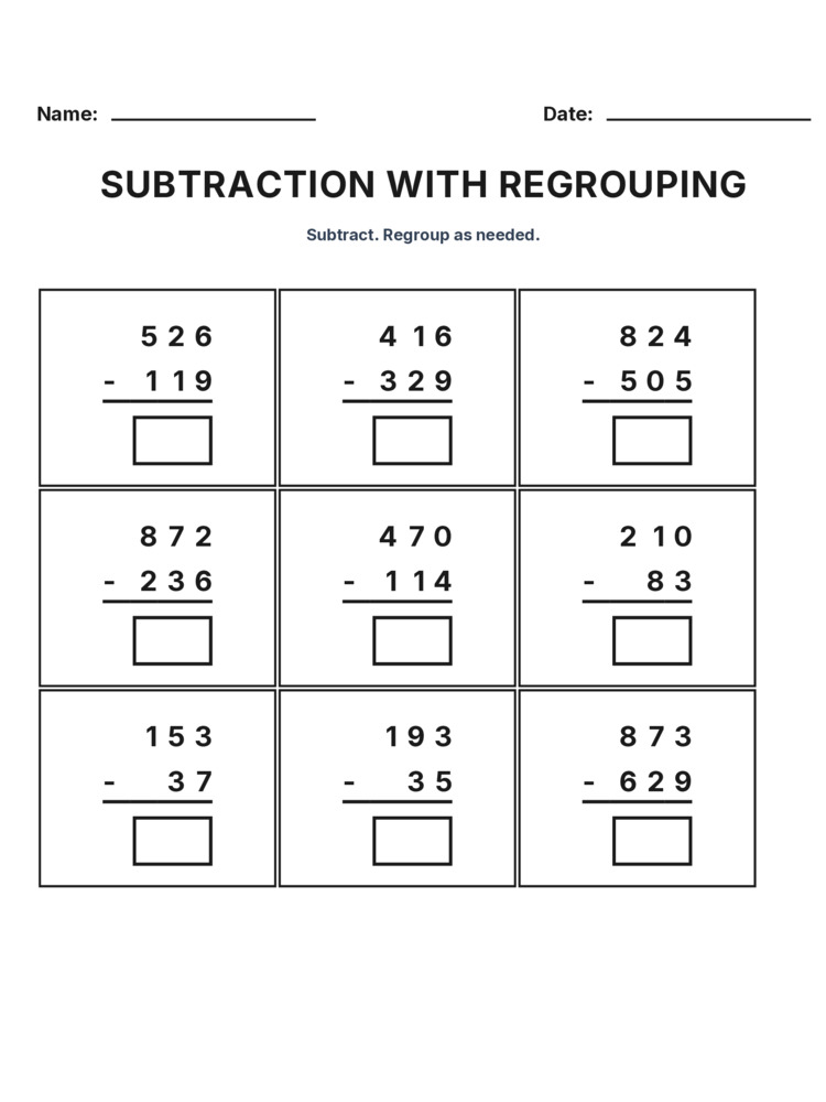 Grade 3 Subtraction Regrouping worksheet 10 for kids