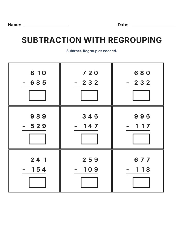 Grade 3 Subtraction Regrouping worksheet 11 for kids