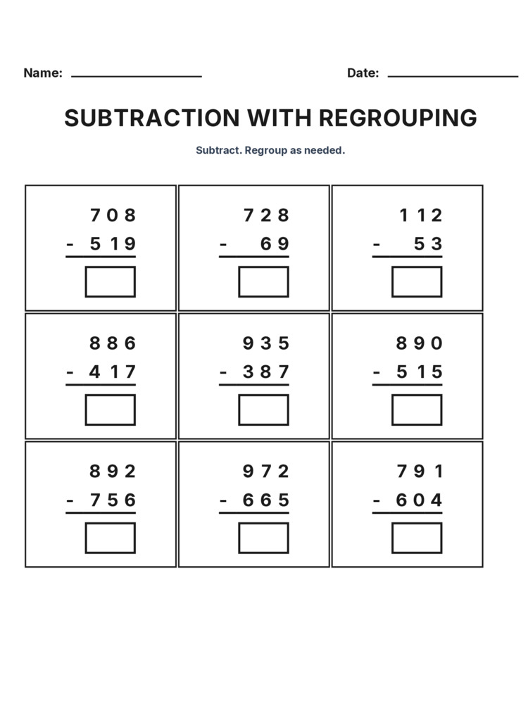 Grade 3 Subtraction Regrouping worksheet 12 for kids