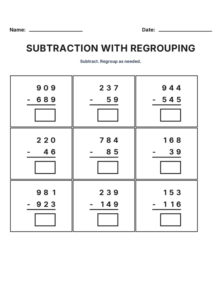 Grade 3 Subtraction Regrouping worksheet 13 for kids