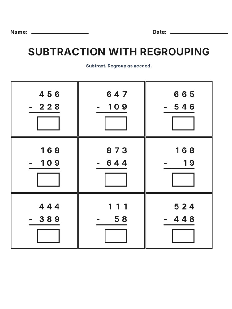Grade 3 Subtraction Regrouping worksheet 14 for kids