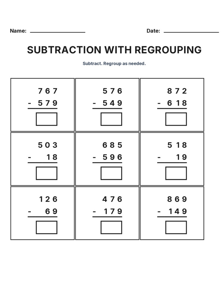 Grade 3 Subtraction Regrouping worksheet 15 for kids