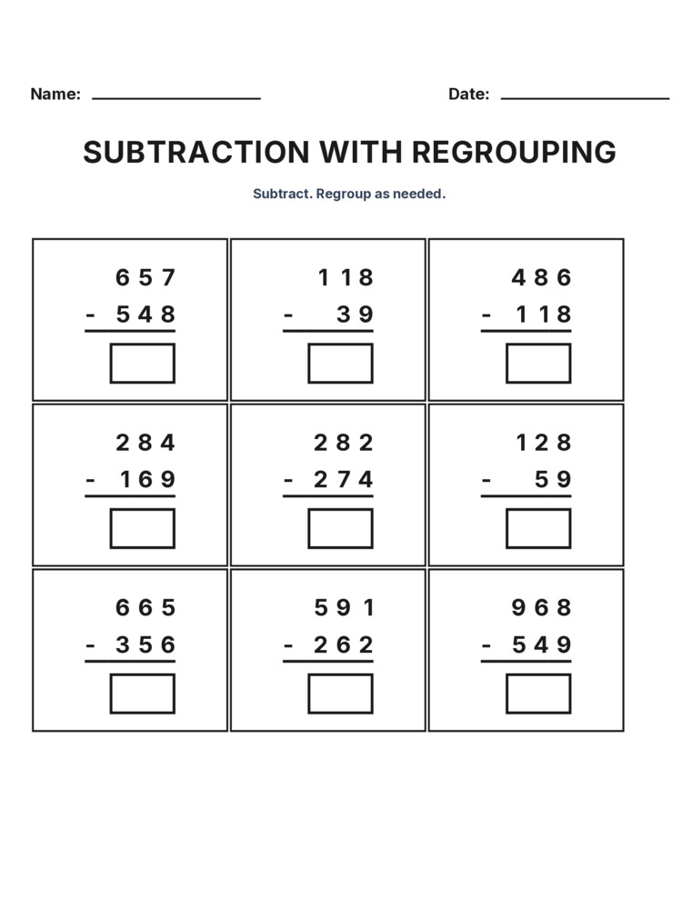 Grade 3 Subtraction Regrouping worksheet 16 for kids