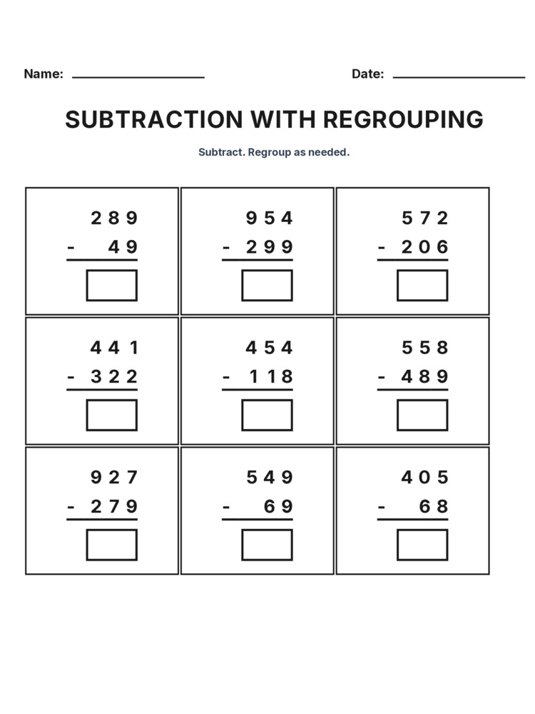 Grade 3 Subtraction Regrouping worksheet 17 for kids