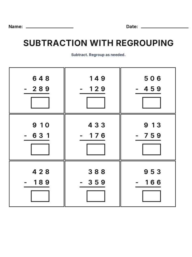 Grade 3 Subtraction Regrouping worksheet 18 for kids