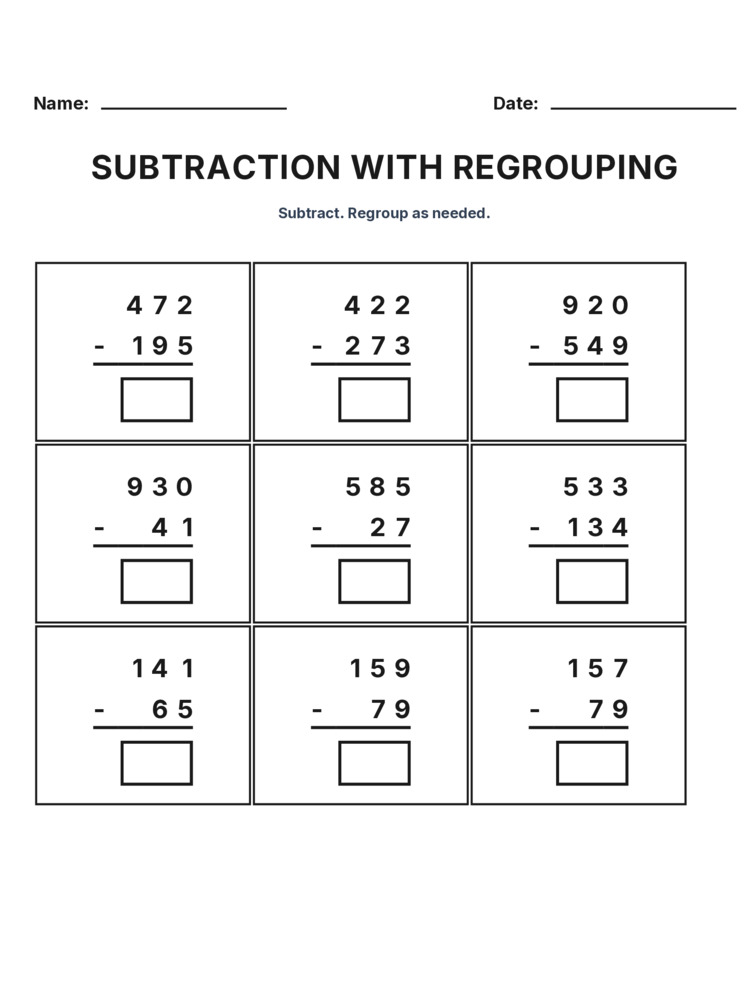 Grade 3 Subtraction Regrouping worksheet 19 for kids