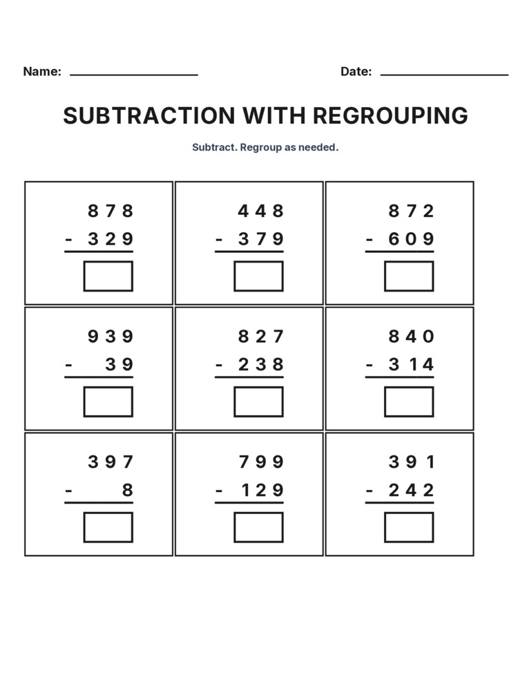 Grade 3 Subtraction Regrouping worksheet 2 for kids