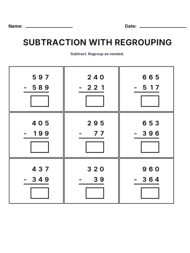 Grade 3 Subtraction Regrouping worksheet 20 for kids