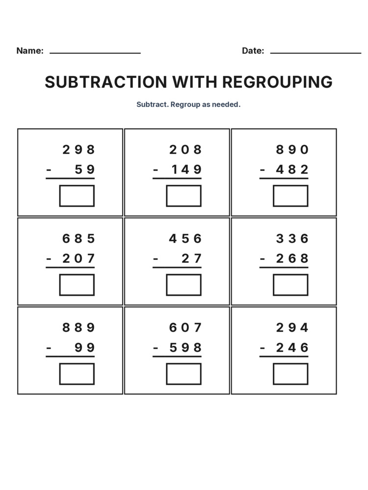 Grade 3 Subtraction Regrouping worksheet 21 for kids